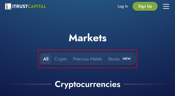 The 'iTRUSTCAPITAL' website displays a 'Markets' section with a red box highlighting filter tabs: 'All, Crypto, Precious Metals, Stocks NEW', above a 'Cryptocurrencies' heading.