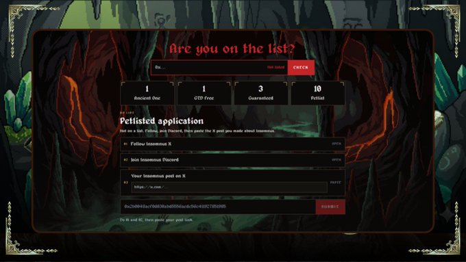 A dark-themed webpage titled 'Are you on the list?' showing a waitlist application with statistics (1 Ancient One, 1 C2D Free, 3 Guaranteed, 10 Partial) and a petitioned application section requiring Insomniacs X account, Discord, and a post on X.
