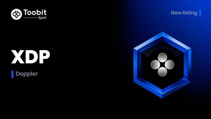 A dark blue graphic advertises a 'New listing' on Toobit Spot for the cryptocurrency 'XDP Doppler' with a blue hexagonal logo.