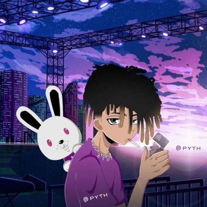 An anime-style illustration depicts a tired-looking character with dreadlocks and a purple shirt smoking a cigarette while checking their phone, accompanied by a small white bunny against a vibrant purple cityscape backdrop with stage lighting overhead. The watermark "@PYTH" appears twice in the image, tying the artwork to the post celebrating Pyth Network's $3.25 trillion cumulative trading volume milestone, with the aesthetic reflecting the late-night, grind-culture vibe of relentless market activity.