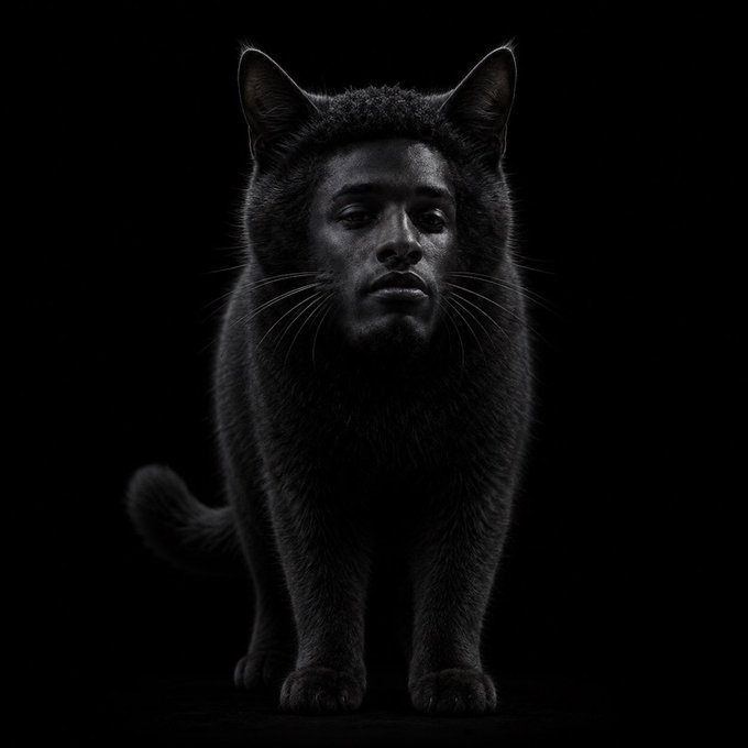 A surreal black-and-white digital artwork depicting a black cat with the human face of a Black man, set against a dark background.