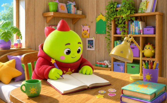 A cute green cartoon creature with a small red crest writing in a notebook at a wooden desk in a cozy, colorful bedroom filled with books, plants, and star-shaped decorations.