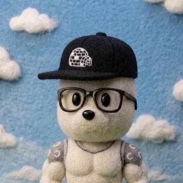 A white stuffed dog plushie wearing a black "CEMENT" cap and black-rimmed glasses poses against a blue sky with cotton clouds, serving as the "dev mascot" referenced in the $PONGO/PonsEcosystem meme coin promotion.