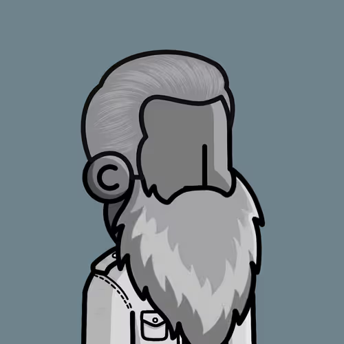 A grayscale cartoon avatar of a bearded man with curly hair and a long flowing beard, posted alongside an announcement about purchasing an "NPCC" (non-fungible token) on-chain collectible, with the user seemingly asking for feedback on their new NFT acquisition.