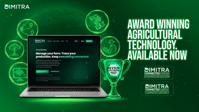 A promotional banner for Dimitra showcases its award-winning agricultural technology platform, featuring a laptop displaying the Connected Farmer website alongside a glowing "AgTech Breakthrough Award Winner" trophy, with text highlighting the "Dimitra Connected Farmer Cooperative Edition" and "Community Edition." The visual aligns with the announcement of $DMTR's Connected Farmer platform enabling farmers to register land, map fields, and digitize cooperative operations.