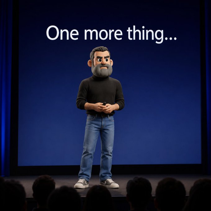 A Pixar-style 3D animated character resembling Steve Jobs stands on a stage in front of a blue screen with the text 'One more thing...', addressing an audience.