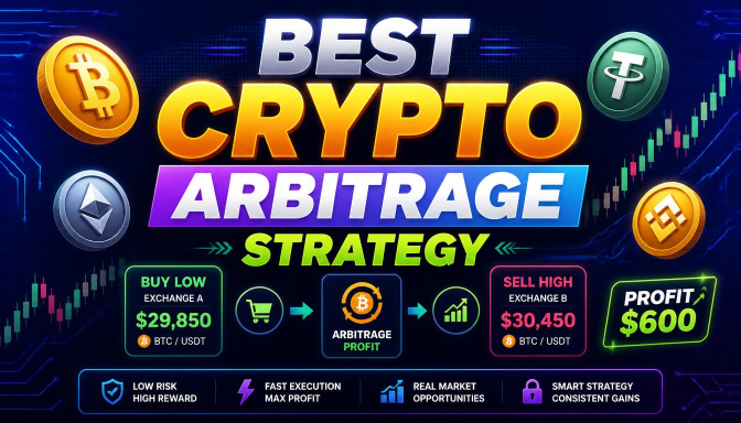 The image features a poster with a blue background, which has various cryptocurrency symbols such as Bitcoin and Etherum. The poster also includes text that reads "Best Crypto Arbitrage Strategy" and "Sun is up 0x6440f144b7e50D6a8439336510312d2F54beB01D $BOLD arbihunter.top $SNT $WOJAK $SHIRO". The poster seems to be promoting a cryptocurrency trading strategy, possibly related to Bitcoin and Etherum.