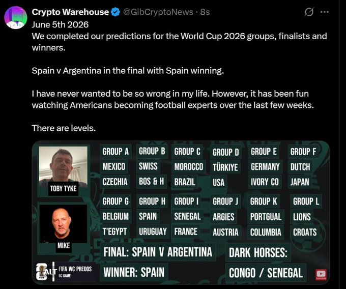 A tweet from Crypto Warehouse (@GibCryptoNews) dated June 5th 2026, discussing World Cup 2026 predictions with a graphic showing groups and a final prediction of 'SPAIN V ARGENTINA - WINNER: SPAIN'.