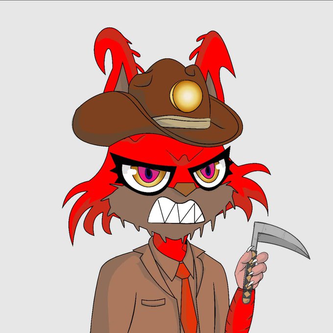 A cartoon illustration of a red furry creature with sharp teeth wearing a brown cowboy hat and suit, holding a sickle.