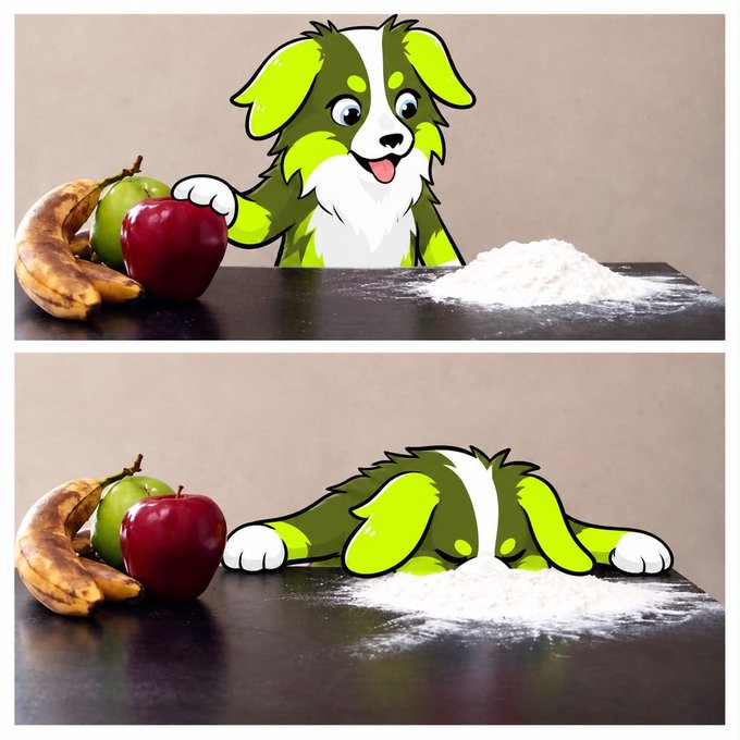 Two-panel cartoon showing a green and white dog next to fruit before and after it buries its face in a pile of flour.