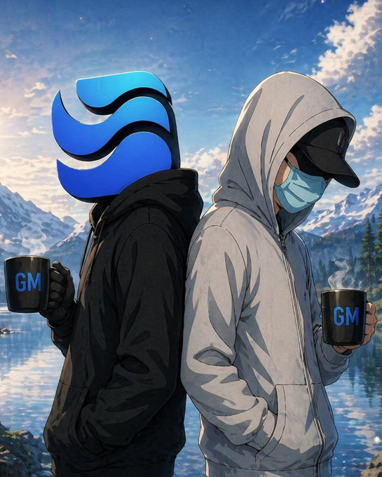 An anime-style illustration of two hooded figures with their heads turned away, holding black mugs labeled "GM," with one figure wearing a face mask and cap against a mountain lake backdrop.