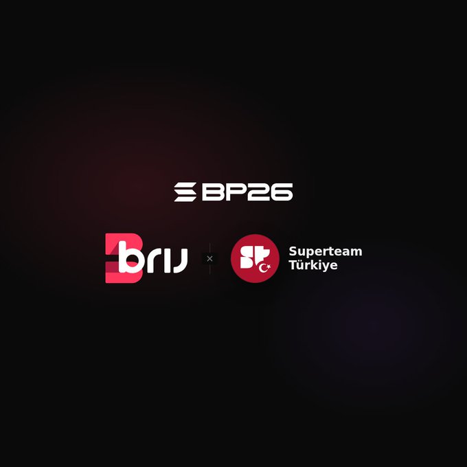 Dark promotional graphic featuring the 'BP26' logo alongside 'briq' and 'Superteam Türkiye' logos with an 'x' between them.