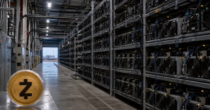 A large industrial warehouse filled with rows of cryptocurrency mining hardware, with a Zcash (ZEC) coin superimposed in the lower-left corner.