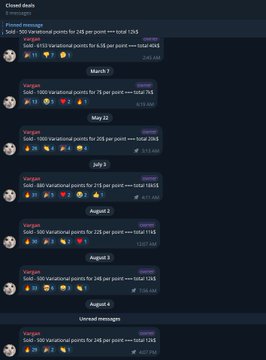 A Discord chat screenshot displaying closed deals for 'Xangai', showing sold variational points at increasing prices from 244 to 2045 between March 7 and August 4, with payouts listed.