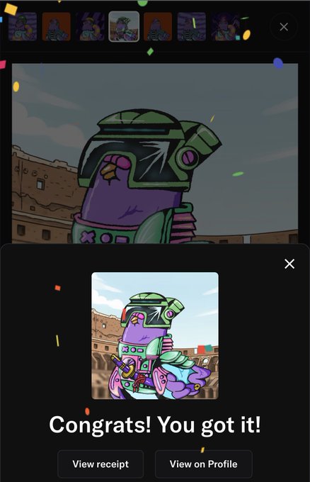 A screenshot from a digital collectible app showing a 'Congrats! You got it!' message after obtaining a cartoon-style purple and green character in a futuristic suit.