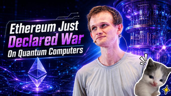 A YouTube thumbnail featuring Vitalik Buterin with the text 'Ethereum Just Declared War On Quantum Computers' alongside an Ethereum logo, a quantum computer graphic, and a cat image with sparkle emojis.