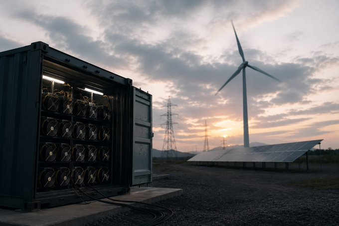 A shipping container equipped with rows of industrial cooling fans sits beside solar panels and a wind turbine at sunset, illustrating the energy-intensive nature of Bitcoin mining. The scene ties directly to the post's theme, visually highlighting how electricity—sourced here from renewables—has become the critical bottleneck that doomed Tether's $120 million Uruguay mining venture.
