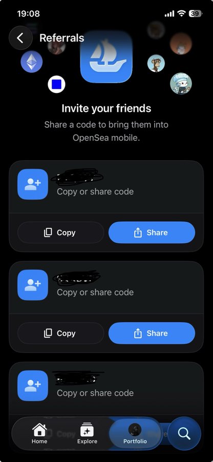The image shows a phone screen with a social media app open. The main focus of the image is a message from a friend inviting another person to join them for Opensea beta invite Let's cook, NFTs. The text on the screen reads "Invite your friends" and there are three blue buttons labeled "Copy", "Share", and "Favorites".