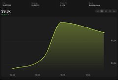 A dark-themed financial chart showing a price line peaking sharply, labeled '18 minutes', '$9.3k', 'Market Cap', 'Liquidity', and 'Backing Curve'.