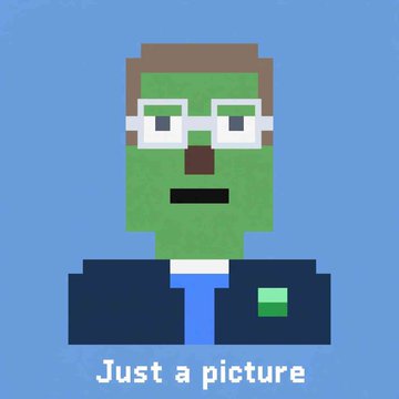 A pixel art illustration of a green-skinned character with brown hair, white rectangular glasses, a dark blue suit jacket, and a light blue shirt, captioned 'Just a picture' against a blue background.