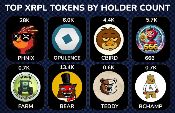 The image features a poster with various logos, including one for XRPL tokens by holder count. The poster displays nine different logos representing different cryptocurrencies or tokens. These include Bitcoin, Opulence, CBIRD, 66, XRP, BCHAMP, and Bear. Each logo is accompanied by its corresponding value in the form of numbers. The text "Top xrpl tokens by holder count" indicates that these token values are being compared to determine their popularity among holders.