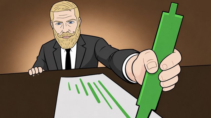 An animated illustration of a blonde, bearded man in a suit handing over a large green pen alongside a document with green text markings.