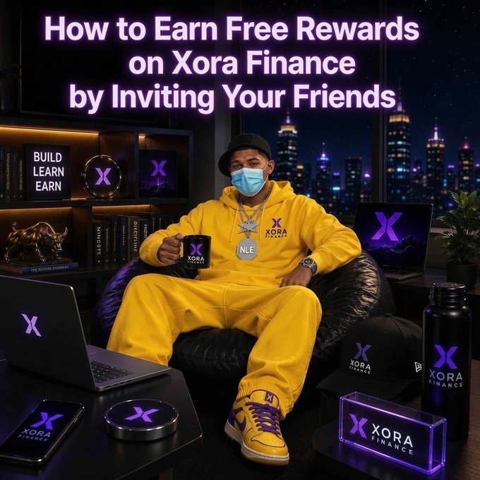 A promotional image titled "How to Earn Free Rewards on Xora Finance by Inviting Your Friends," showing a person in a yellow Xora Finance tracksuit and mask sitting in a chair surrounded by branded merchandise including mugs, a laptop, a phone, and a water bottle.