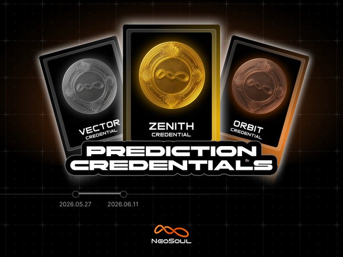 The image features three different cards, each with a unique design and color scheme, representing the three types of prediction credentails available at Neosoul. The cards are arranged vertically against a black background, making them stand out prominently. Each card is accompanied by text that provides information about the type of credit it represents. The post also includes a time stamp indicating when the image was taken and the creator's name.