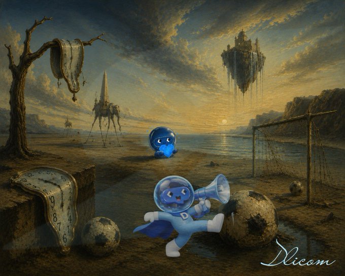 A surreal, dreamlike landscape by 'Xlicom' features two blue cartoonish figures with helmets in the foreground, a melting clock draped on a tree, a floating island, and elongated figures in the background.
