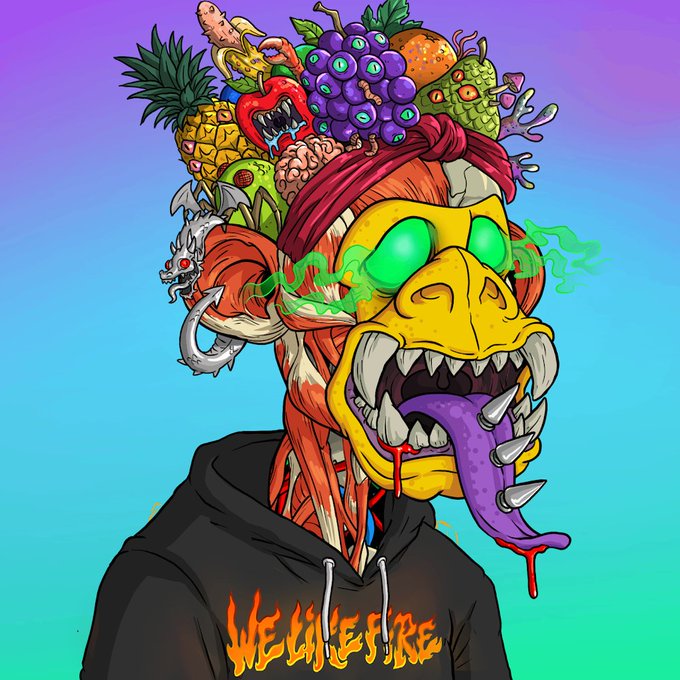 The image features an anthropomorphic monkey with a face painted on its head, wearing a hoodie and sunglasses. The monkey has a tongue sticking out and appears to be eating fruit from a bunch of bananas that are placed above its head. The background is a gradient of blue and purple colors. The post reads "We like fire", which seems to be related to the monkey's appearance or actions in some way, possibly as part of an art project or social media post.