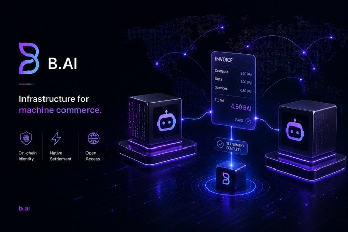 A promotional graphic for B.AI with the text 'Infrastructure for machine commerce.' It features a 3D isometric illustration of interconnected cubes showing an 'INVOICE' totaling '4.50 BAI' with line items for Compute ('2.50 BAI'), Data ('1.20 BAI'), and Services ('0.80 BAI'), marked 'PAID' and 'SETTLEMENT COMPLETE', alongside icons for 'On-chain Identity', 'Native Settlement', and 'Open Access'.