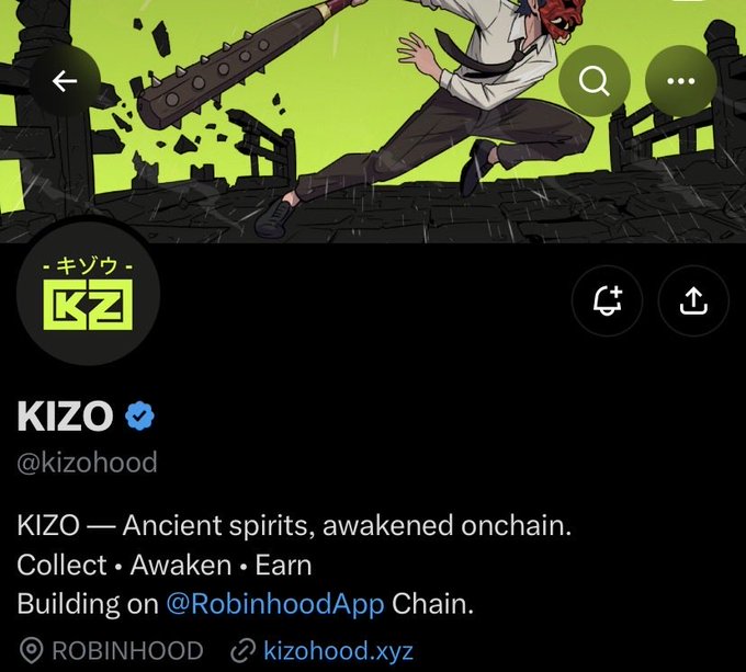 A Twitter/X profile screenshot for KIZO (@kizohood), tagged with Japanese text 'キゾウ', describing itself as 'Ancient spirits, awakened onchain' for collecting, awakening, and earning, built on Robinhood Chain (kzohood.xyz). The banner shows an anime-style character wielding a spiked weapon amid a crumbling city.