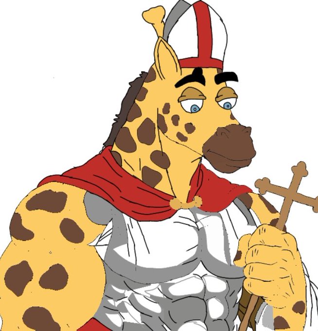 The image features a cartoon giraffe with a red cape, holding a cross in its right hand. The giraffe has a white face and brown spots, giving it a unique appearance. The background of the image is plain white, which makes the colorful elements stand out even more. There are no texts or other objects present in the image, making it a simple yet striking composition that captures attention.