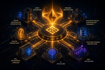 A glowing orange-hued network diagram showcases a central "Layer 1 Blockchain" hub surrounded by interconnected nodes labeled with key features including "Database Architecture," "Secure Decentralized Infrastructure," "Scalable Transactions," "Self Programming Language," "AI Applications," "Data Handling," and "Application-Specific Subchains for Scalability." The image visually reinforces the post's description of Nomisma Network's architecture, illustrating how its blockchain integrates scalable infrastructure with database-oriented design to support AI applications and efficient data handling.