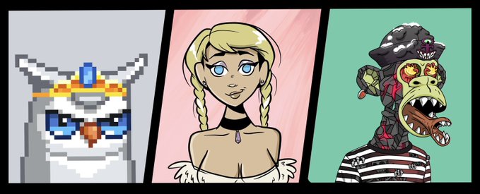 A pixel-art owl, an animated blonde woman with braided hair, and a surreal figure wearing a rock-shelled helmet are displayed side by side as examples of "OG" NFT collections. The image contrasts these established, character-driven projects with the flood of newer launches the post critiques, illustrating the artist's belief that enduring original collections will outperform short-term, liquidity-extracting ventures.