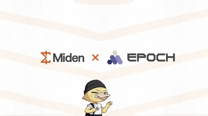 The image features a promotional graphic showing the logos of "Miden" and "EPOCH" with an "x" between them, signifying a partnership, alongside a cartoon mascot character wearing a beanie. The post highlights Miden's collaboration with Epoch Protocol, emphasizing how this partnership enables users to engage in crosschain finance—such as moving, swapping, and utilizing assets—through privacy-preserving wallets across multiple networks.