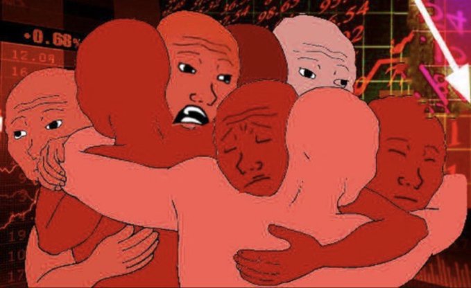The image depicts a drawing of people huddled together, all facing each other with arms around their necks as if to provide warmth or comfort during a difficult time. The surrounding content displays various graphs and charts, possibly showing fluctuations in cryptocurrency values like Bitcoin and altcoins over time. Specifically, there is information on the price decline of $LUNC and USTC (Unicorns Dollar Trust) in the past weeks, indicating some instability within these digital currencies. The overall scene suggests a collective feeling of concern and unease, given both the physical closeness of people and their shared interest in this financial market.