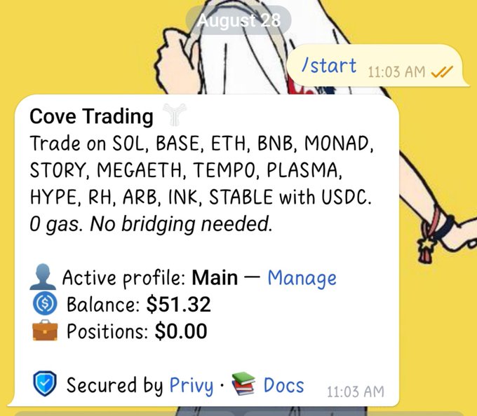 A Telegram message from "Cove Trading" dated August 28 at 11:03 AM advertises gasless USDC trading across SOL, BASE, ETH, BNB, MONAD, STORY, MEGAETH, TEMPO, PLASMA, HYPE, RH, ARB, INK, and STABLE, showing a "Main" profile balance of $51.32 and $0.00 in positions, secured by Privy. The screenshot illustrates the bot's interface that the reviewer praises for its simple copy-paste, multi-chain trading experience.