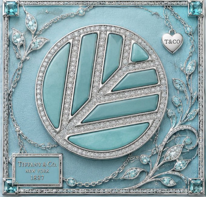 An ornate Tiffany & Co. decorative emblem featuring a silver and diamond-encrusted shell design on a light blue background, with a T&CO heart charm, a 'Tiffany & Co. New York 1837' plaque, and jeweled leaf accents.