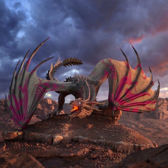 A 3D render of a dragon with gray and pink patterned wings and a spiked tail, standing on a rocky desert landscape under a cloudy purple and orange sunset sky.