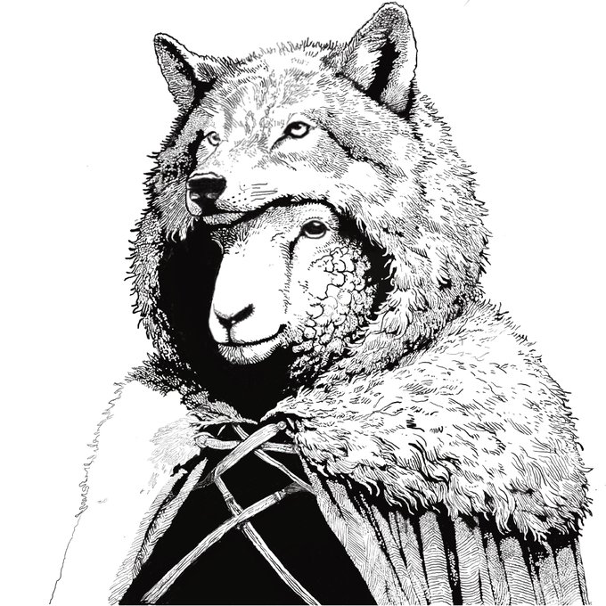 Black and white illustration depicting a person wearing a wolf's head as a hood, with detailed pen-and-ink shading.
