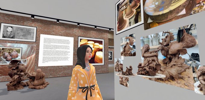 A 3D rendered scene of a virtual art gallery where a woman in a yellow polka-dot dress views exhibits displaying photographs and sculptures of pottery and clay art.
