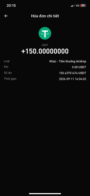 A mobile app transaction detail screen showing a USDT airdrop reward of +150.00000000 credited to the account, dated 2026-09-11 at 14:04:02.