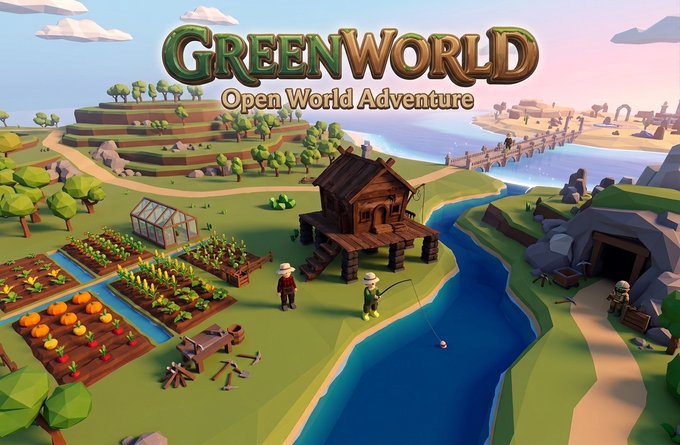 Promotional artwork for 'GREENWORLD: Open World Adventure' displays a low-poly 3D farming scene with characters near a cabin, crops, and a river.
