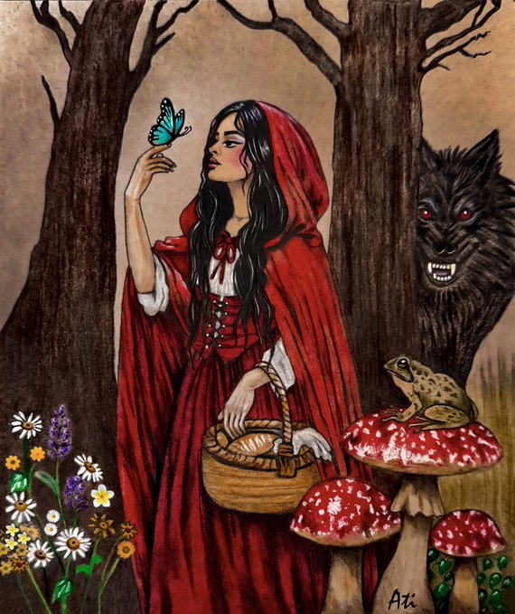 A dark fairy-tale illustration features a woman in a red hooded cloak holding a butterfly, with a menacing black wolf, a frog on red and white spotted mushrooms, and wildflowers nearby, signed 'Ati'.