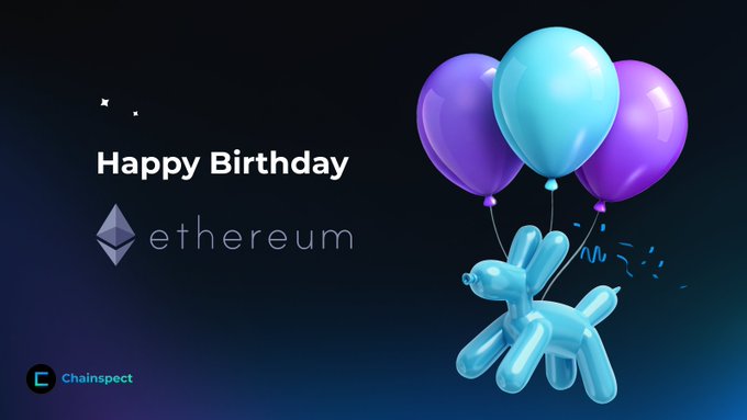A 'Happy Birthday Ethereum' graphic by Chainspect featuring a balloon-animal dog with purple and blue balloons.
