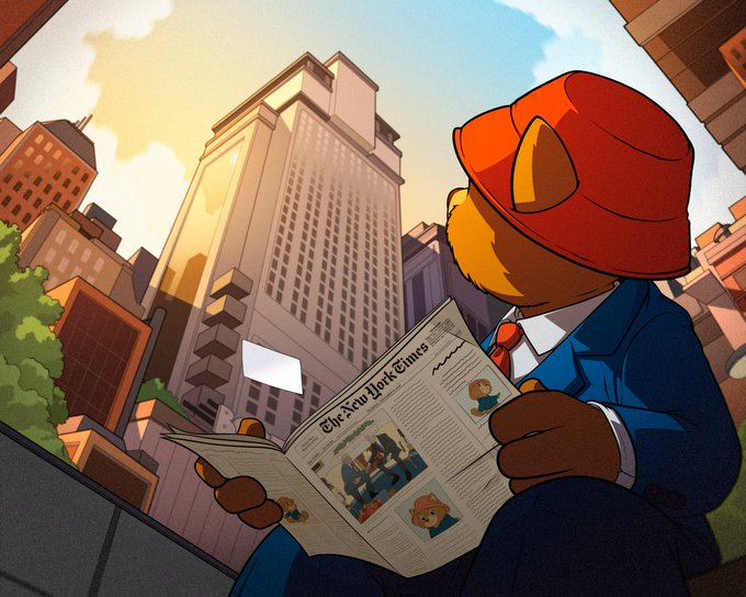 An illustration of an anthropomorphic bear in a suit and red helmet reading The New York Times newspaper in a city setting.