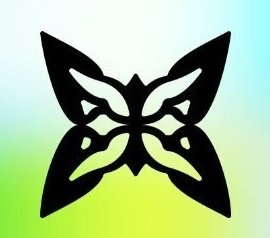 A black symmetrical butterfly or moth emblem with stylized wings displayed on a gradient green and blue background.