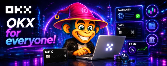 Promotional graphic for the OKX cryptocurrency exchange featuring a cartoon monkey mascot wearing a wizard hat and using a laptop, with the text 'OKX for everyone!' alongside icons for payments, cards, and earning.