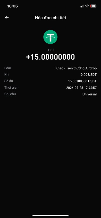 A mobile app screenshot showing a USDT transaction receipt in Vietnamese titled 'Hóa đơn chi tiết' for an Airdrop bonus of +15.00000000 USDT dated 2026-07-28.